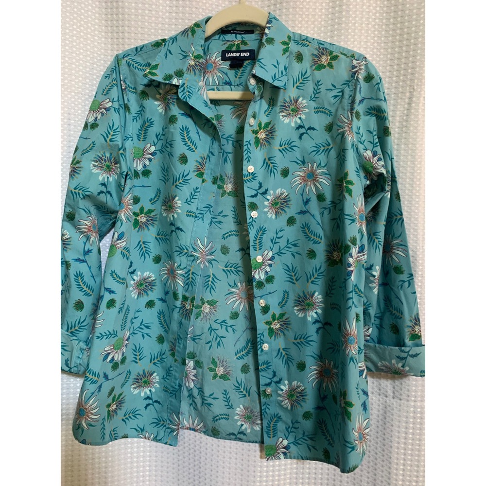 Lands End No Iron Supima Cotton Floral Button Down Shirt Teal Blue Womens 4‎